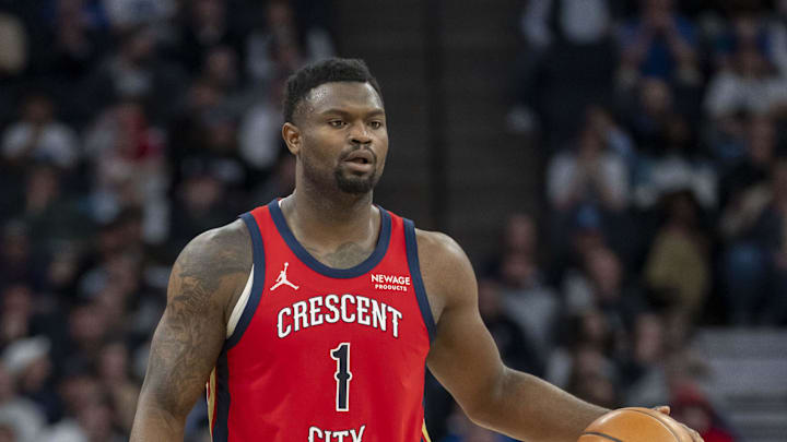 Mar 19, 2025; Minneapolis, Minnesota, USA; New Orleans Pelicans forward Zion Williamson (1) dribbles the ball against the Minnesota Timberwolves in the second half at Target Center. Mandatory Credit: Jesse Johnson-Imagn Images