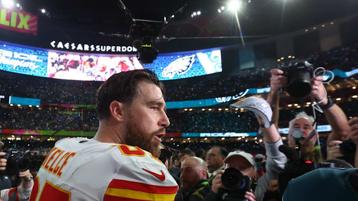 Feb 9, 2025; New Orleans, LA, USA; Kansas City Chiefs tight end Travis Kelce (87) reacts on the field after losing to the Philadelphia Eagles in Super Bowl LIX at Ceasars Superdome. Mandatory Credit: Mark J. Rebilas-Imagn Images