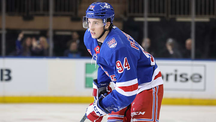 Jan 14, 2026; New York, New York, USA;  New York Rangers right wing Gabe Perreault (94) skates to the bench after scoring a goal in the third period against the Ottawa Senators at Madison Square Garden. Mandatory Credit: Wendell Cruz-Imagn Images