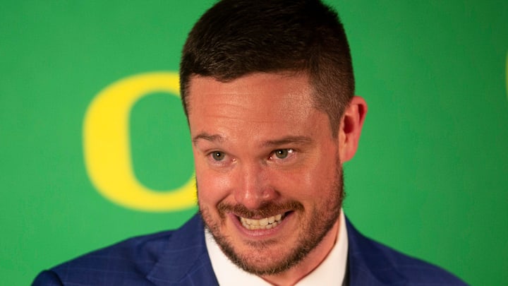 New Oregon football coach Dan Lanning takes questions from media after being formally introduced as the head coach for the Ducks Monday Dec. 13, 2021 in Eugene, Oregon.

Eug 121321 Lanning 03