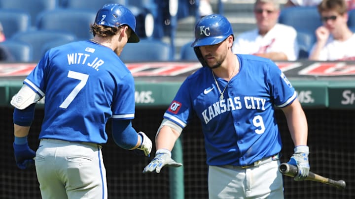 Aug 26, 2024; Cleveland, Ohio, USA; Kansas City Royals shortstop Bobby Witt Jr. (7) celebrates with first baseman Vinnie Pasquantino (9) after hitting a home run during the eighth inning against the Cleveland Guardians at Progressive Field. Mandatory Credit: Ken Blaze-Imagn Images