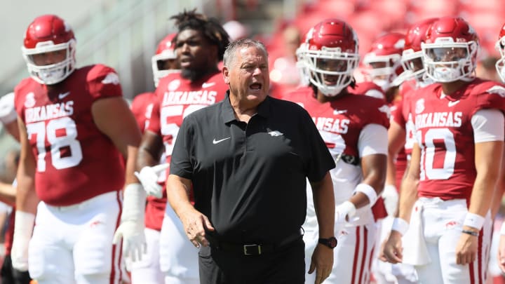 Sep 9, 2023; Fayetteville, Arkansas, USA; Arkansas Razorbacks head coach Sam Pittman prior to the Sep 9, 2023; Fayetteville, Arkansas, USA; Arkansas Razorbacks head coach Sam Pittman prior to the