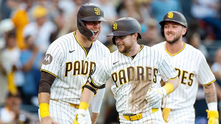Jul 7, 2026; San Diego, California, USA; San Diego Padres first baseman Jake Cronenworth (9) celebrates with designated hitter Gavin Sheets (30) after hitting a three-run home run during the first inning against the Arizona Diamondbacks at Petco Park. Mandatory Credit: David Frerker-Imagn Images