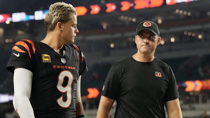 Cincinnati Bengals quarterback Joe Burrow and coach Zac Taylor walk off the field following a loss to the Washington Commanders on Sept. 23, 2024.