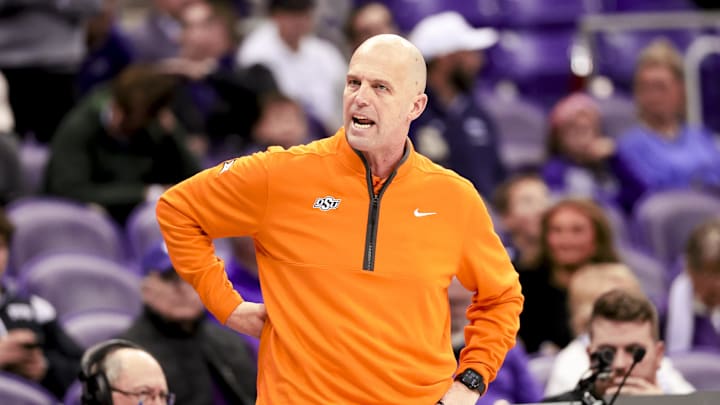 Feb 12, 2025; Fort Worth, Texas, USA; Oklahoma State Cowboys head coach Steve Lutz reacts during the first half against the TCU Horned Frogs at Ed and Rae Schollmaier Arena. Mandatory Credit: Kevin Jairaj-Imagn Images Feb 12, 2025; Fort Worth, Texas, USA; Oklahoma State Cowboys head coach Steve Lutz reacts during the first half against the TCU Horned Frogs at Ed and Rae Schollmaier Arena. Mandatory Credit: Kevin Jairaj-Imagn Images