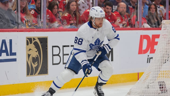 May 16, 2025; Sunrise, Florida, USA; Toronto Maple Leafs right wing William Nylander (88) moves the puck against the Florida Panthers during the third period in game six of the second round of the 2025 Stanley Cup Playoffs at Amerant Bank Arena. Mandatory Credit: Sam Navarro-Imagn Images