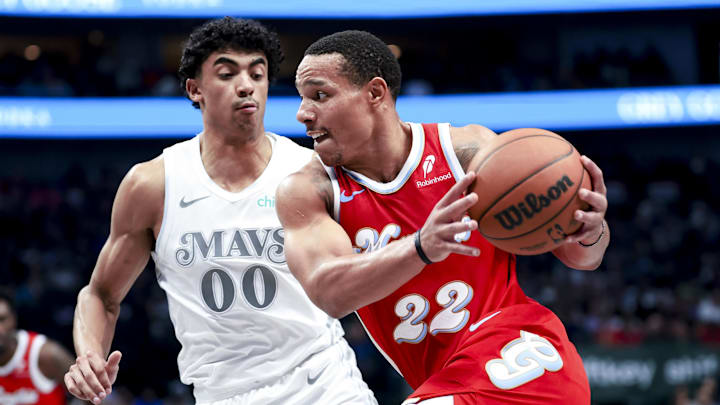 Mar 7, 2025; Dallas, Texas, USA; d22 drives to the basket as Dallas Mavericks guard Max Christie (00) defends during the first half at American Airlines Center. Mandatory Credit: Kevin Jairaj-Imagn Images Mar 7, 2025; Dallas, Texas, USA; d22 drives to the basket as Dallas Mavericks guard Max Christie (00) defends during the first half at American Airlines Center. Mandatory Credit: Kevin Jairaj-Imagn Images