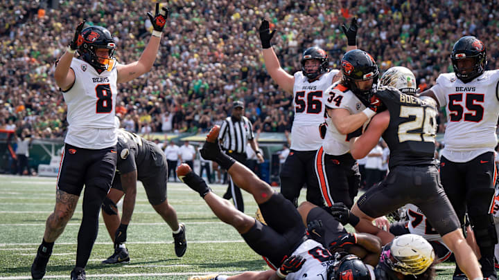 Oregon State Beavers running back Anthony Hankerson finds his way into the end zone for a touchdown as the Oregon Ducks host the Oregon State Beavers Sept. 20, 2025, at Autzen Stadium in Eugene, Oregon.