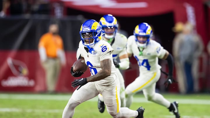 Nov 26, 2023; Glendale, Arizona, USA; Los Angeles Rams cornerback Tre Tomlinson (6) against the Arizona Cardinals at State Farm Stadium. Mandatory Credit: Mark J. Rebilas-Imagn Images