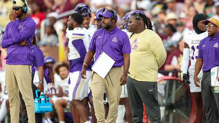 Sep 13, 2025; Starkville, Mississippi, USA; Alcorn State Braves head coach Cedric Thomas looks on during the second quarter against the Mississippi State Bulldogs at Davis Wade Stadium at Scott Field. 