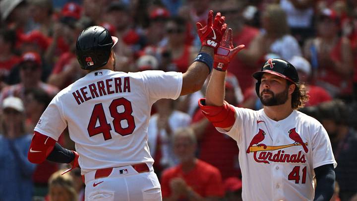 Sep 20, 2026; St. Louis, Missouri, USA; St. Louis Cardinals designated hitter Ivan Herrera (48) celebrates with first baseman Alec Burleson (41) after hitting a home run during the first inning at Busch Stadium. Mandatory Credit: Jeff Le-Imagn Images Sep 20, 2026; St. Louis, Missouri, USA; St. Louis Cardinals designated hitter Ivan Herrera (48) celebrates with first baseman Alec Burleson (41) after hitting a home run during the first inning at Busch Stadium. Mandatory Credit: Jeff Le-Imagn Images