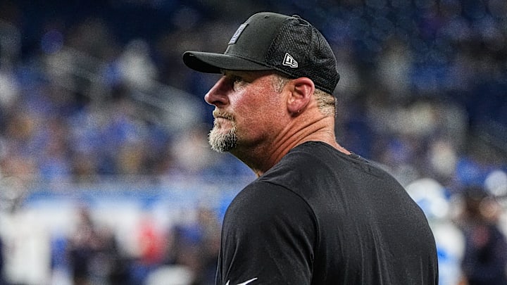 Detroit Lions head coach Dan Campbell watches warm up at Ford Field in Detroit on Sunday, Sept. 14, 2025.