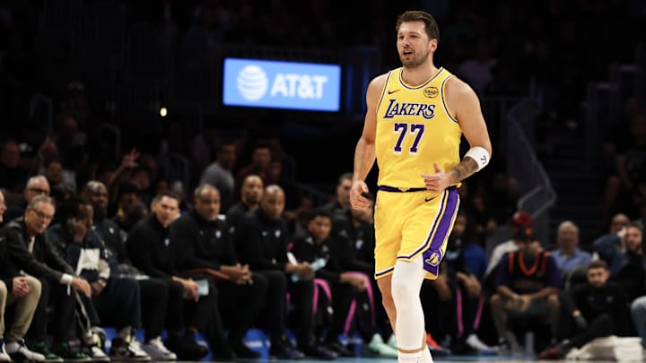 Mar 19, 2026; Miami, Florida, USA; Los Angeles Lakers guard Luka Doncic (77). Mandatory Credit: Isabella Frias-Imagn Images
