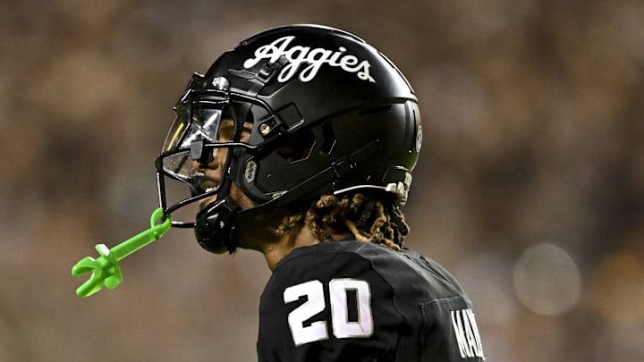 Oct 26, 2024; College Station, Texas, USA; Texas A&M Aggies defensive back BJ Mayes (20) reacts after catching the ball for an interception in the third quarter against the LSU Tigers at Kyle Field. Mandatory Credit: Maria Lysaker-Imagn Images. 