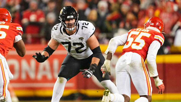 Jan 21, 2023; Kansas City, Missouri, USA; Jacksonville Jaguars offensive tackle Walker Little (72)