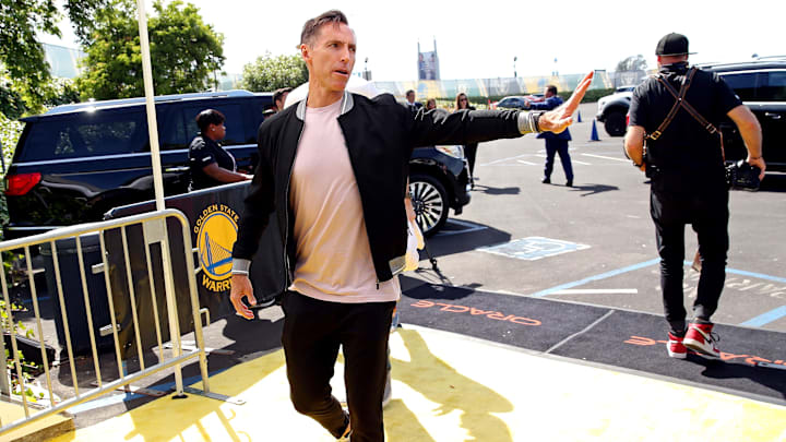 Jun 5, 2019; Oakland, CA, USA; NBA former player Steve Nash enters the stadium before game three of the 2019 NBA Finals between the Golden State Warriors and the Toronto Raptors at Oracle Arena. Mandatory Credit: Cary Edmondson-Imagn Images