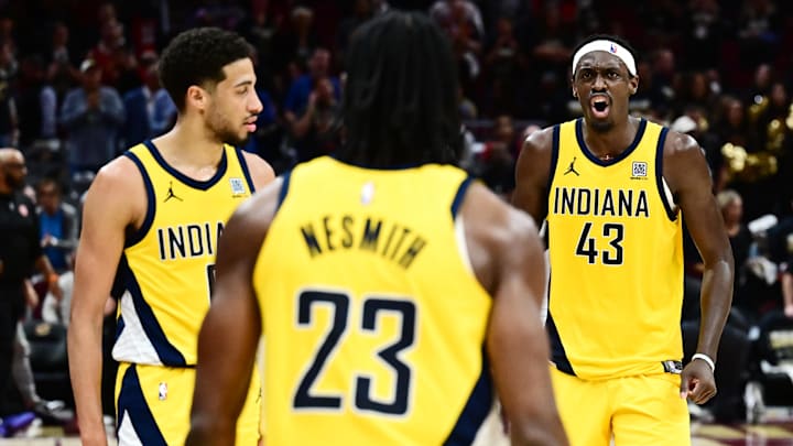 May 13, 2025; Cleveland, Ohio, USA; Indiana Pacers forward Aaron Nesmith (23) and guard Tyrese Haliburton (0) and forward Pascal Siakam (43) celebrate during the second half of game five against the Cleveland Cavaliers in the second round for the 2025 NBA Playoffs at Rocket Arena. Mandatory Credit: Ken Blaze-Imagn Images