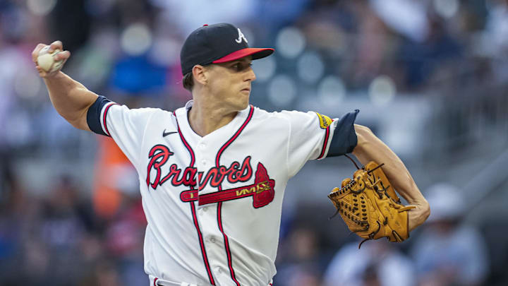 Sep 18, 2023; Cumberland, Georgia, USA; Atlanta Braves starting pitcher Kyle Wright (30) pitches against the Philadelphia Phillies during the first inning at Truist Park. Mandatory Credit: Dale Zanine-Imagn Images