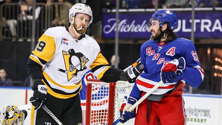 Feb 28, 2026; New York, New York, USA;  Pittsburgh Penguins right wing Anthony Mantha (39) and New York Rangers center Mika Zibanejad (93) at Madison Square Garden. Mandatory Credit: Wendell Cruz-Imagn Images
