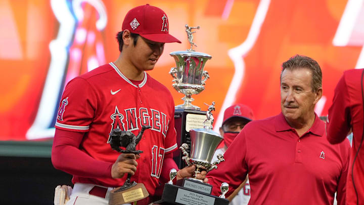 Sep 25, 2021; Anaheim, California, USA;  Shohei Ohtani, Arte Moreno, LA Angels