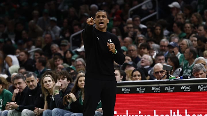 Apr 4, 2025; Boston, Massachusetts, USA; Boston Celtics head coach Joe Mazzulla directs his players during the second half against the Phoenix Suns at TD Garden. Mandatory Credit: Winslow Townson-Imagn Images
