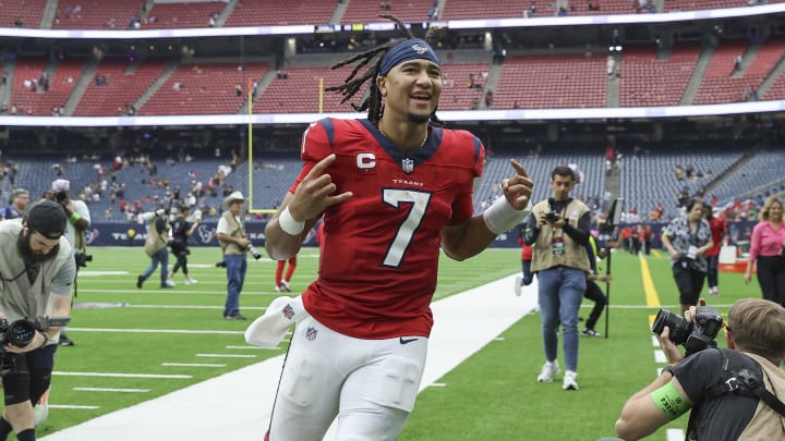 Oct 1, 2023; Houston, Texas, USA; Houston Texans quarterback C.J. Stroud (7) jogs off the field after the game against the Pittsburgh Steelers at NRG Stadium. Mandatory Credit: Troy Taormina-USA TODAY Sports