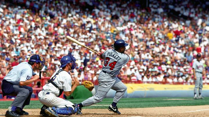 Milwaukee, WI, USA; FILE PHOTO; Minnesota Twins outfielder (34) Kirby Puckett in action against the Milwaukee Brewers at Milwaukee County Stadium. Mandatory Credit: Photo By USA TODAY Sports Milwaukee, WI, USA; FILE PHOTO; Minnesota Twins outfielder (34) Kirby Puckett in action against the Milwaukee Brewers at Milwaukee County Stadium. Mandatory Credit: Photo By USA TODAY Sports