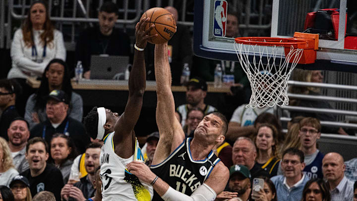 Milwaukee Bucks center Brook Lopez blocks the shot of Indiana Pacers forward Pascal Siakam during game two of first round for the 2024 NBA Playoffs at Gainbridge Fieldhouse on April 22.