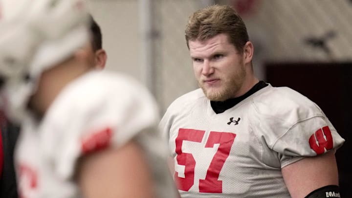 Wisconsin offensive lineman Jake Renfro (57) is shown during spring football practice Wednesday, April 23, 2025 in Madison, Wisconsin