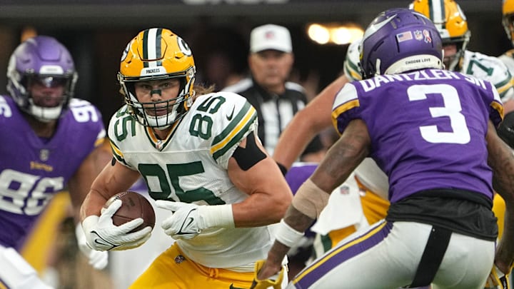 Green Bay Packers tight end Robert Tonyan (85) makes a reception for a short gain during the fourth quarter of their game Sunday, September 11, 2022 at U.S. Bank Stadium in Minneapolis, Minn. The Minnesota Vikings beat the Green Bay Packers 23-7. Green Bay Packers tight end Robert Tonyan (85) makes a reception for a short gain during the fourth quarter of their game Sunday, September 11, 2022 at U.S. Bank Stadium in Minneapolis, Minn. The Minnesota Vikings beat the Green Bay Packers 23-7.
