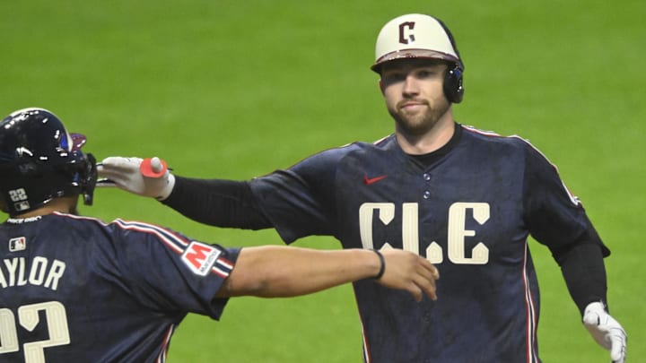 May 17, 2024; Cleveland, Ohio, USA; Cleveland Guardians designated hitter David Fry (6) celebrates his two-run home run with first baseman Josh Naylor (22) in the sixth inning against the Minnesota Twins at Progressive Field. Mandatory Credit: David Richard-USA TODAY Sports
