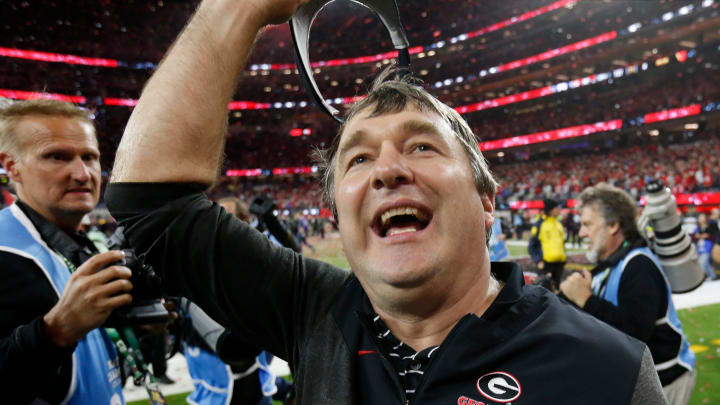 Georgia coach Kirby Smart celebrates with fans after the NCAA College Football National Championship game between TCU and Georgia on Monday, Jan. 9, 2023, in Inglewood, Calif. Georgia won 65-7. Georgia coach Kirby Smart celebrates with fans after the NCAA College Football National Championship game between TCU and Georgia on Monday, Jan. 9, 2023, in Inglewood, Calif. Georgia won 65-7.