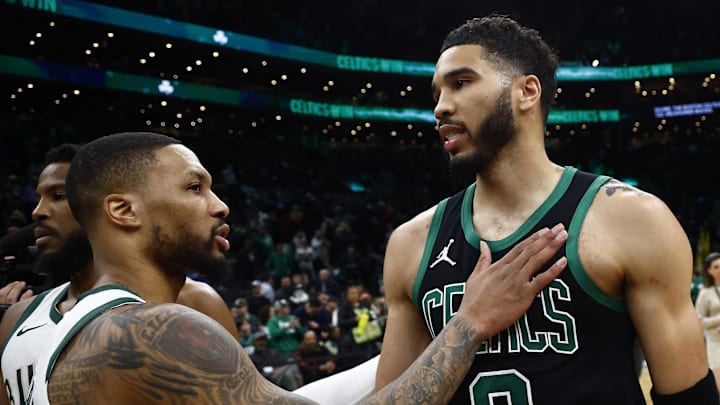 Mar 20, 2024; Boston, Massachusetts, USA; Boston Celtics forward Jayson Tatum (0) and Milwaukee Bucks guard Damian Lillard (0) talk after their game at TD Garden. Mandatory Credit: Winslow Townson-Imagn Images Mar 20, 2024; Boston, Massachusetts, USA; Boston Celtics forward Jayson Tatum (0) and Milwaukee Bucks guard Damian Lillard (0) talk after their game at TD Garden. Mandatory Credit: Winslow Townson-Imagn Images
