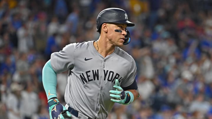 Jun 11, 2024; Kansas City, Missouri, USA; New York Yankees center fielder Aaron Judge (99) rounds the bases after hitting a two-run home run in the seventh inning against the Kansas City Royals at Kauffman Stadium. Mandatory Credit: Peter Aiken-USA TODAY Sports Jun 11, 2024; Kansas City, Missouri, USA; New York Yankees center fielder Aaron Judge (99) rounds the bases after hitting a two-run home run in the seventh inning against the Kansas City Royals at Kauffman Stadium. Mandatory Credit: Peter Aiken-USA TODAY Sports