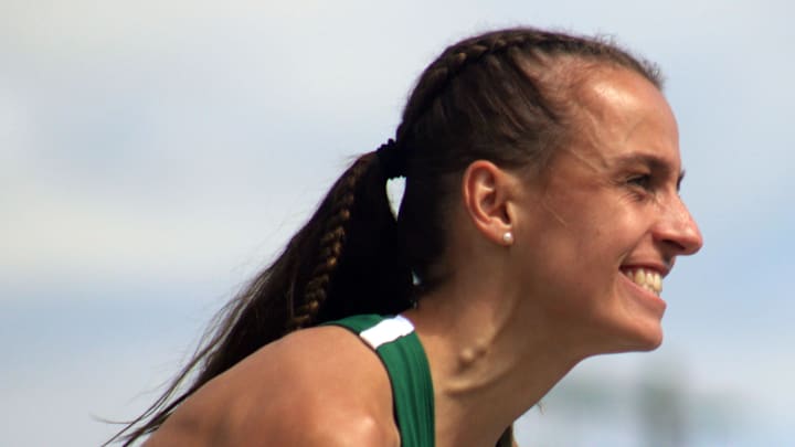 Kristi Snyman of Jacksonville University reacts after clearing 5 feet, 11 1/2 inches in the women's high jump to clinch an NCAA championship berth during the NCAA East Preliminary track and field meet at the University of North Florida in Jacksonville on May 27, 2023. [Clayton Freeman/Florida Times-Union]