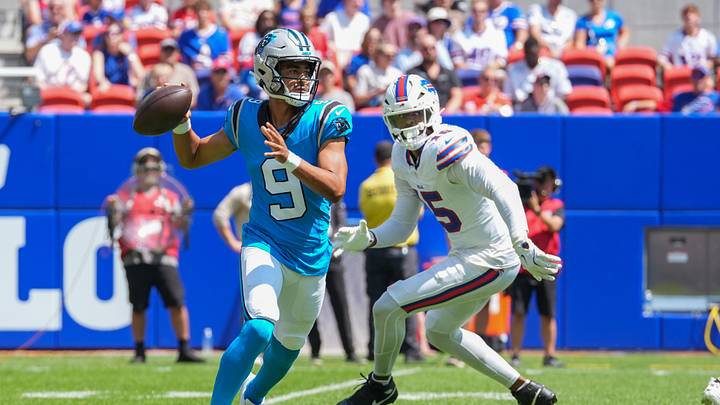 Aug 15, 2026; Orchard Park, New York, USA; Carolina Panthers quarterback Bryce Young (9) throws the ball against Buffalo Bills linebacker Greg Rousseau (15) during the first half at New Highmark Stadium. Mandatory Credit: Gregory Fisher-Imagn Images Aug 15, 2026; Orchard Park, New York, USA; Carolina Panthers quarterback Bryce Young (9) throws the ball against Buffalo Bills linebacker Greg Rousseau (15) during the first half at New Highmark Stadium. Mandatory Credit: Gregory Fisher-Imagn Images