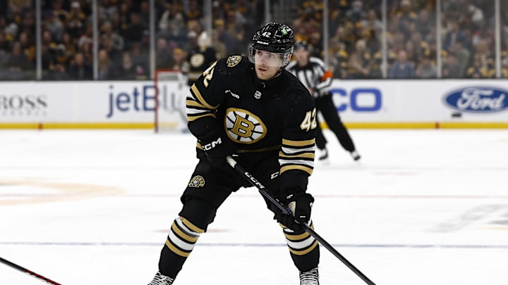 Dec 30, 2023; Boston, Massachusetts, USA; Boston Bruins center Georgii Merkulov (42) during the first period against the New Jersey Devils at TD Garden. Mandatory Credit: Winslow Townson-Imagn Images