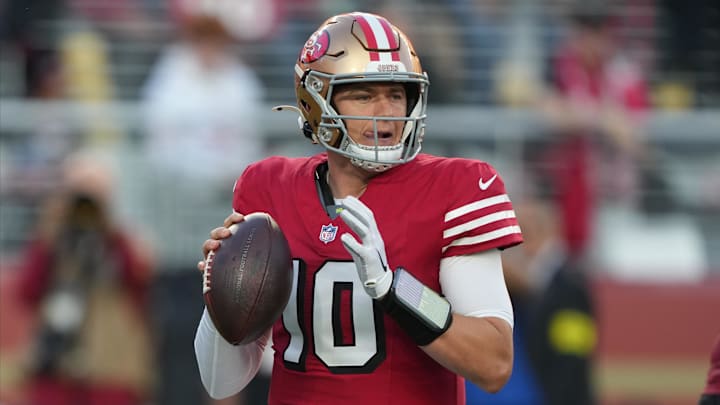 Oct 19, 2025; Santa Clara, California, USA; San Francisco 49ers quarterback Mac Jones (10) looks to pass the ball during the first quarter against the Atlanta Falcons at Levi's Stadium. Mandatory Credit: Darren Yamashita-Imagn Images
