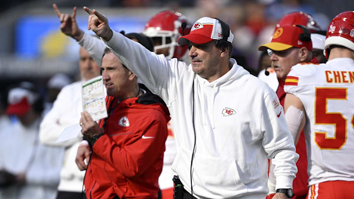 Jan 7, 2024; Inglewood, California, USA; Kansas City Chiefs defensive line coach Joe Cullen gestures during the first half against the Los Angeles Chargers at SoFi Stadium. Mandatory Credit: Orlando Ramirez-Imagn Images