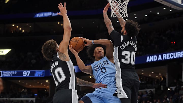 Jan 6, 2026; Memphis, Tennessee, USA; Memphis Grizzlies forward Jaylen Wells (0) shoots as San Antonio Spurs forward Jeremy Sochan (10) and forward Julian Champagnie (30) defend during the fourth quarter at FedExForum. Mandatory Credit: Petre Thomas-Imagn Images