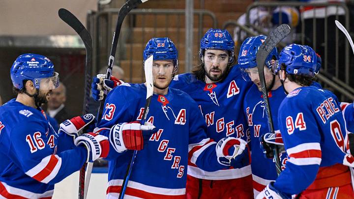 Mar 10, 2026; New York, New York, USA; New York Rangers center Vincent Trocheck (16), New York Rangers defenseman Adam Fox (23), New York Rangers center Mika Zibanejad (93) and New York Rangers right wing Gabe Perreault (94) celebrate the power play goal by New York Rangers left wing Alexis Lafrenière (13) against the Calgary Flames during the first period at Madison Square Garden. Mar 10, 2026; New York, New York, USA; New York Rangers center Vincent Trocheck (16), New York Rangers defenseman Adam Fox (23), New York Rangers center Mika Zibanejad (93) and New York Rangers right wing Gabe Perreault (94) celebrate the power play goal by New York Rangers left wing Alexis Lafrenière (13) against the Calgary Flames during the first period at Madison Square Garden.
