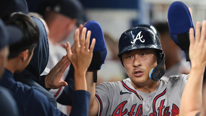 May 21, 2026; Miami, Florida, USA; Atlanta Braves shortstop Ha-Seong Kim (7) celebrates after scoring against the Miami Marlins during the seventh inning at loanDepot Park. Mandatory Credit: Sam Navarro-Imagn Images