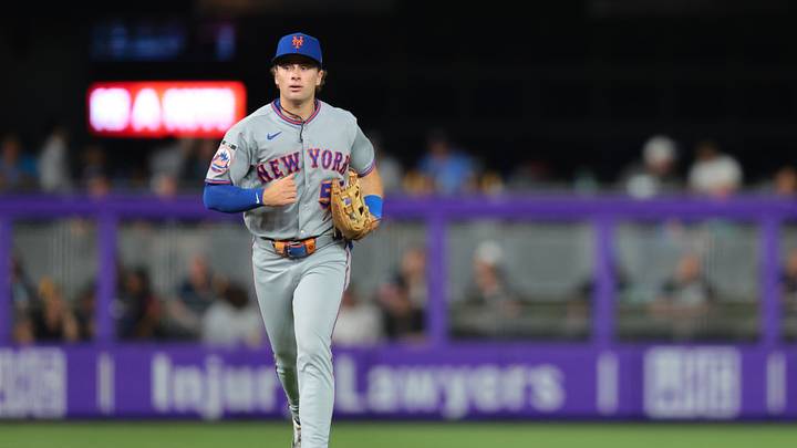 May 22, 2026; Miami, Florida, USA; New York Mets left fielder Nick Morabito (55) returns to the dugout against the Miami Marlins during the fifth inning at loanDepot Park. Mandatory Credit: Sam Navarro-Imagn Images