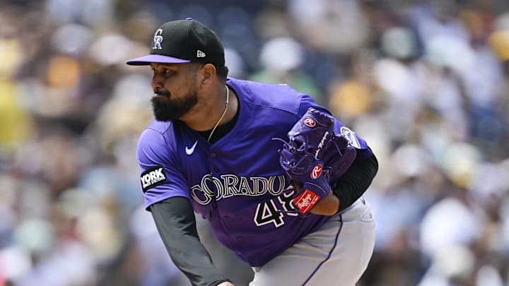 Sep 14, 2025; San Diego, California, USA; Colorado Rockies starting pitcher German Marquez (48) delivers during the first inning against the San Diego Padres at Petco Park. Mandatory Credit: Denis Poroy-Imagn Images