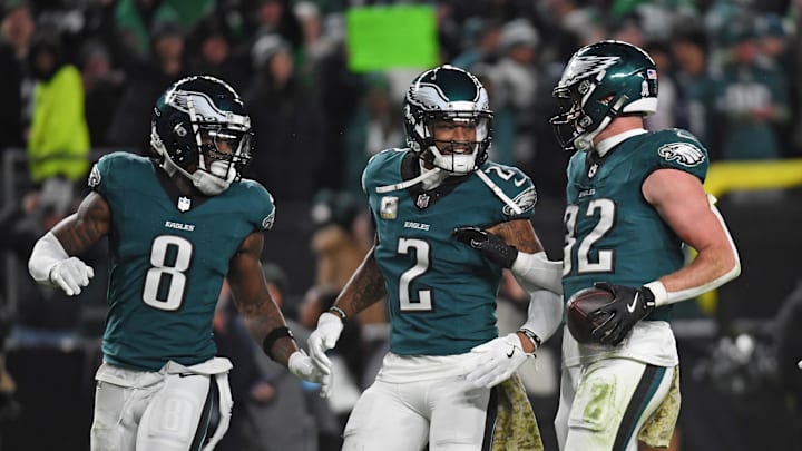 Nov 14, 2024; Philadelphia, Pennsylvania, USA; Philadelphia Eagles safety Reed Blankenship (32) celebrates his interception with safety C.J. Gardner-Johnson (8) and cornerback Darius Slay Jr. (2) against the Washington Commanders at Lincoln Financial Field. Mandatory Credit: Eric Hartline-Imagn Images