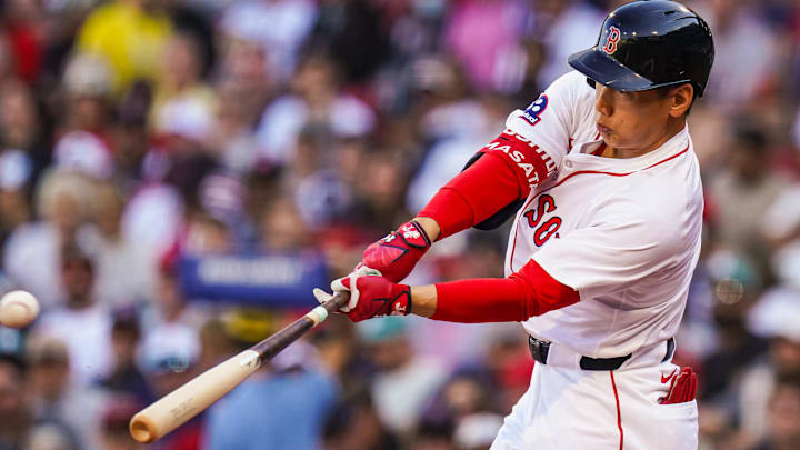 Sep 28, 2025; Boston, Massachusetts, USA; Boston Red Sox designated hitter Masataka Yoshida (7) hits a home run against the Detroit Tigers in the first inning at Fenway Park. Mandatory Credit: David Butler II-Imagn Images