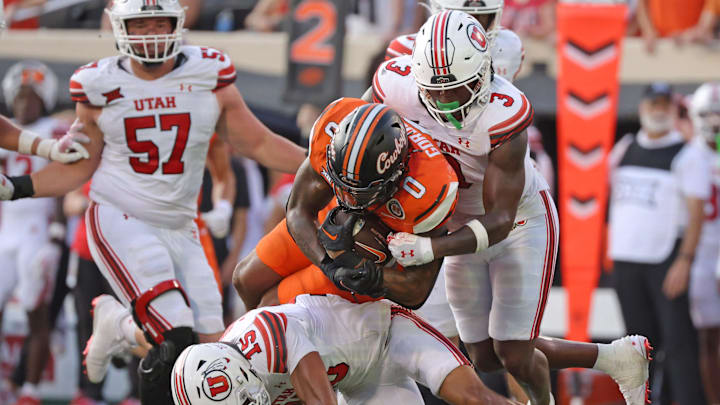 in the second half of the college football between the Oklahoma State University Cowboys and the Utah Utes at Boone Pickens Stadium in Stillwater, Okla., Saturday, Sept., 21, 2024.