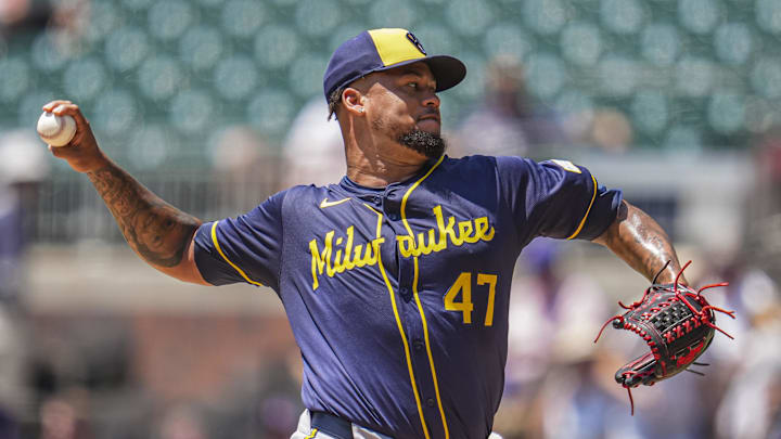 Aug 8, 2024; Cumberland, Georgia, USA; Milwaukee Brewers starting pitcher Frankie Montas (47) pitches against the Atlanta Braves  during the second inning at Truist Park. Mandatory Credit: Dale Zanine-USA TODAY Sports