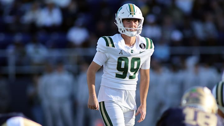 Oct 19, 2024; Annapolis, Maryland, USA; Charlotte 49ers place kicker Stephen Rusnak (99) lines up a kick during the first half against the Navy Midshipmen at Navy-Marine Corps Memorial Stadium. Mandatory Credit: Daniel Kucin Jr.-Imagn Images