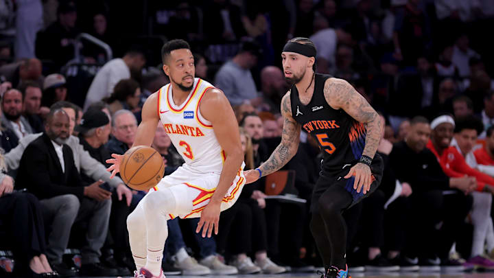 Apr 28, 2026; New York, New York, USA; Atlanta Hawks guard CJ McCollum (3) controls the ball against New York Knicks guard Jose Alvarado (5) during the second quarter of game five of the first round of the 2026 NBA Playoffs at Madison Square Garden. Mandatory Credit: Brad Penner-Imagn Images